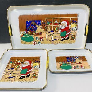 Vintage 3 Pc Set Lacquer Tray Christmas Santa In Toy Shop /Reindeer Made Japan